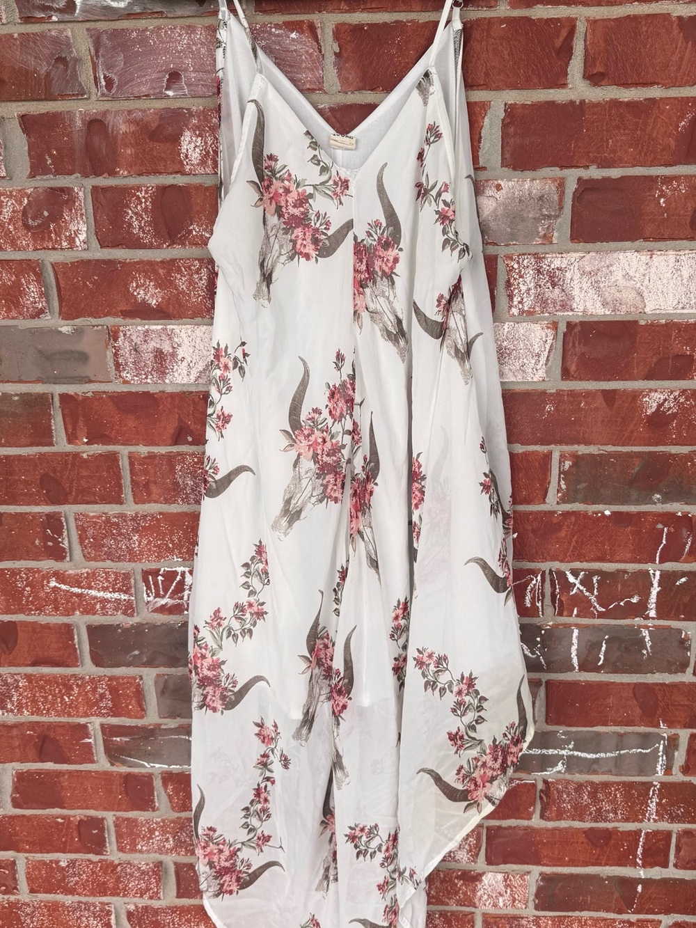 White Maxi Sundress with Pink Floral & Brown Skull Motif